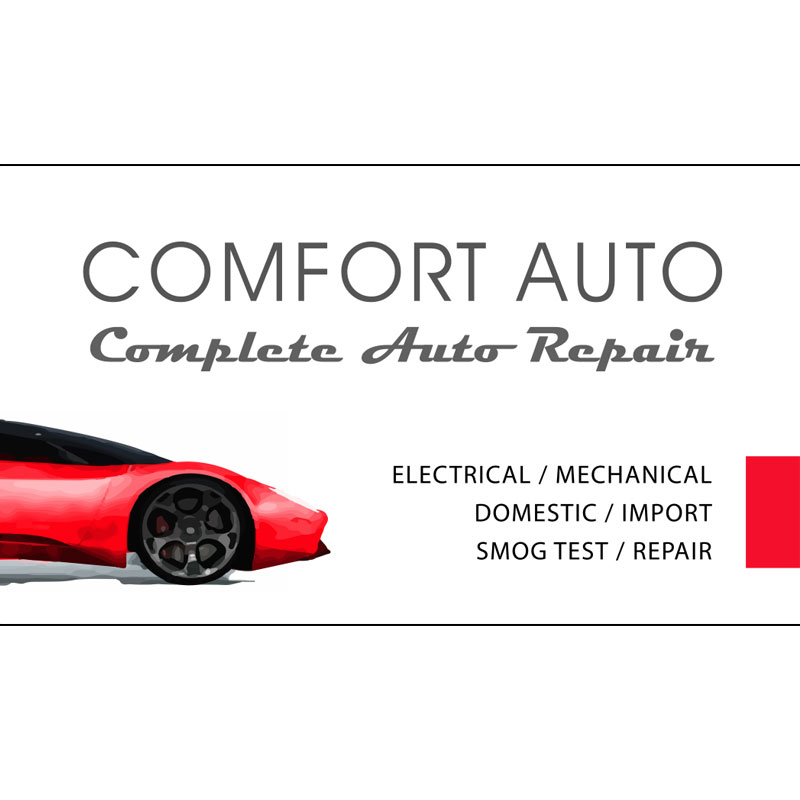 The front side of the business card for Comfort Auto